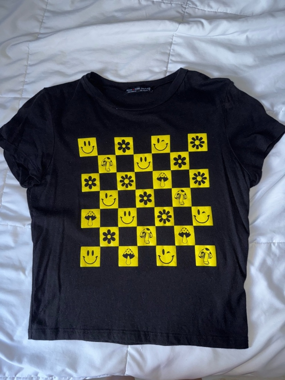 Black and Yellow Top with Happy Faces, Flowers, and Mushrooms